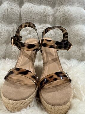 JustFab Leopard Print Espadrille Wedge Sandals - Tan/Black